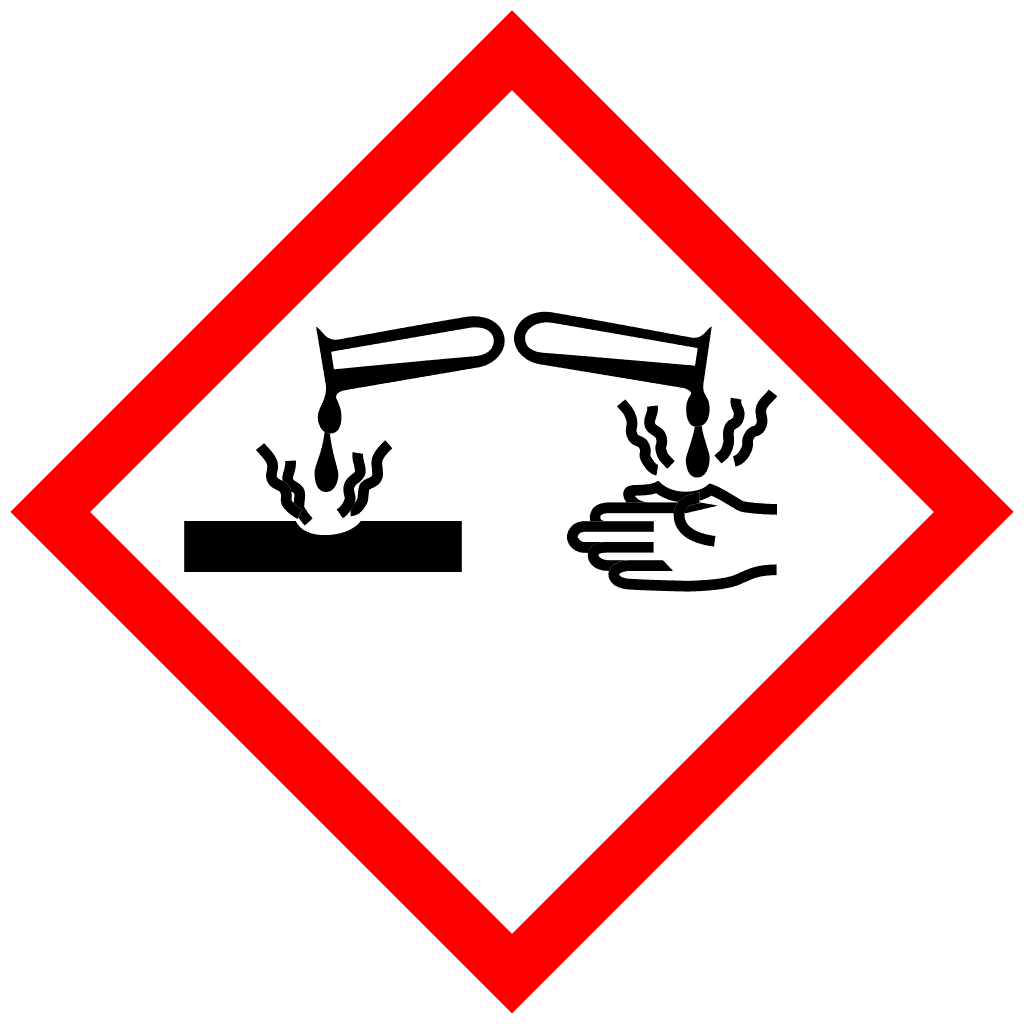 Een gevarendriehoek met rode omlijning en in het midden bijtende chemicaliën op handen, zie betekenis in het bijschrift