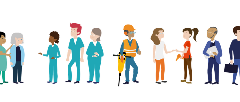 Illustratie van beroepen in verschillende sectoren, waaronder de zorg en de bouw.