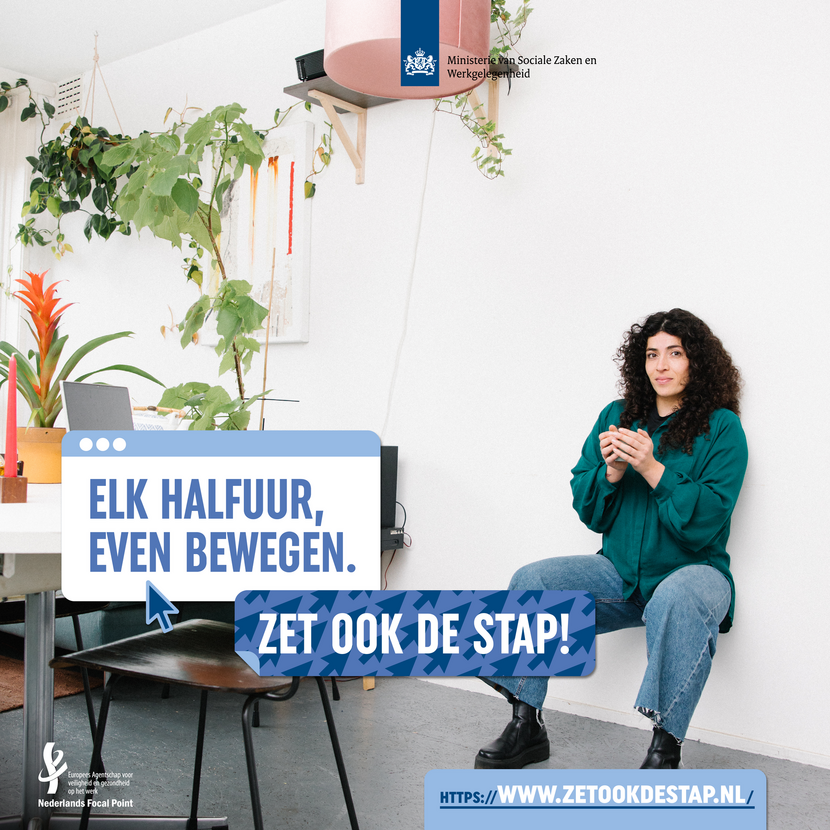 Campagnebeeld 'Elk half uur even bewegen. Zet ook de stap!'